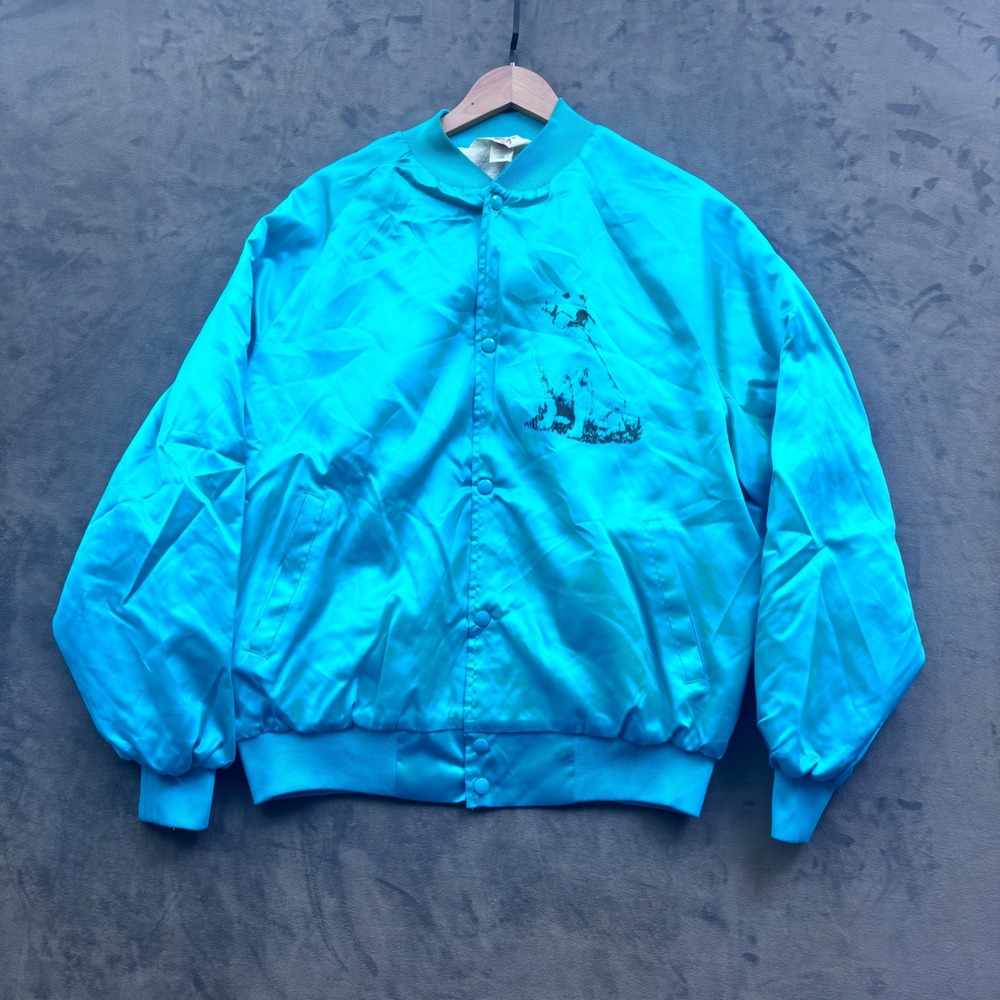 Vintage WestArk Satin Bomber Jacket XL Turquoise Blue Made in USA Snap Front
